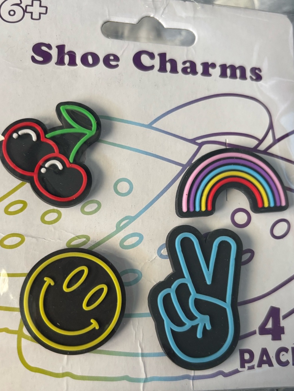 Shoe Charms 4-Pack — Rainbow, Cherry, Smiley, Peace Sign
